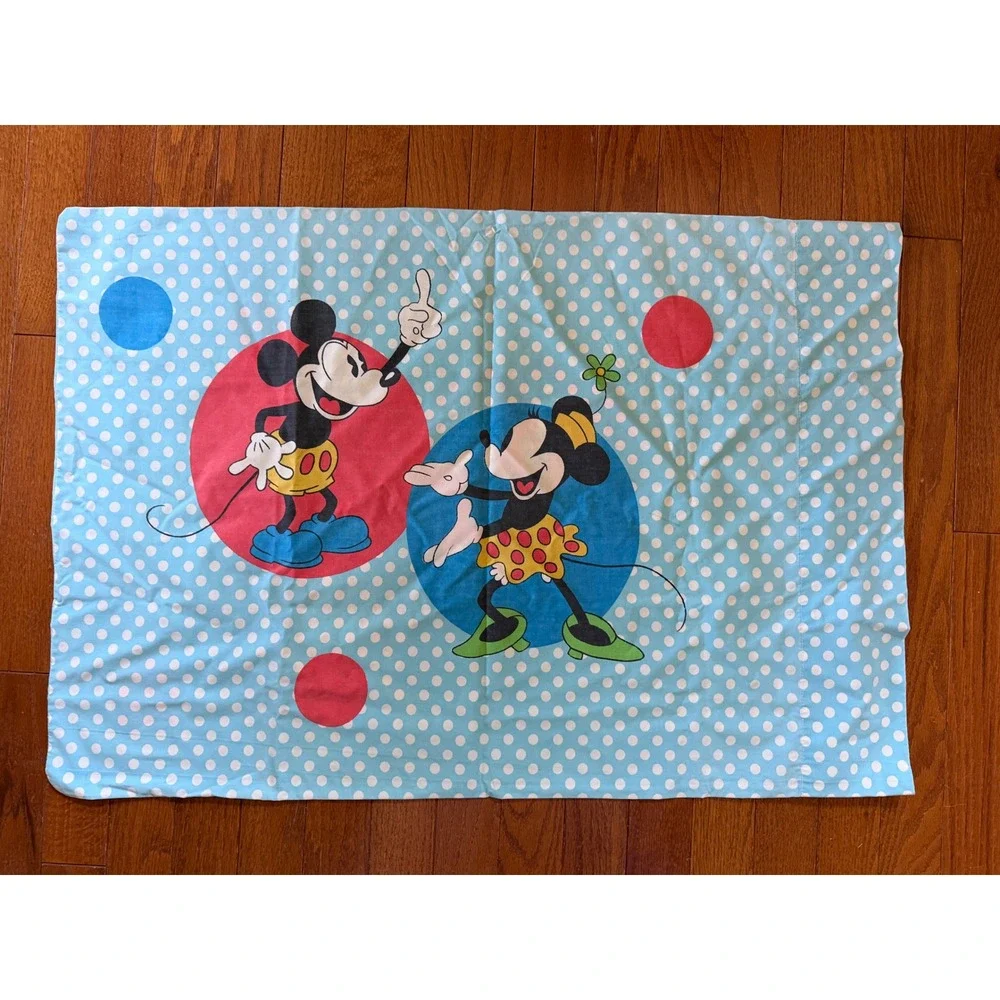Vintage Disney Productions Twin 3pc Sheet Set Blue Mickey Minnie Donald Polkadot